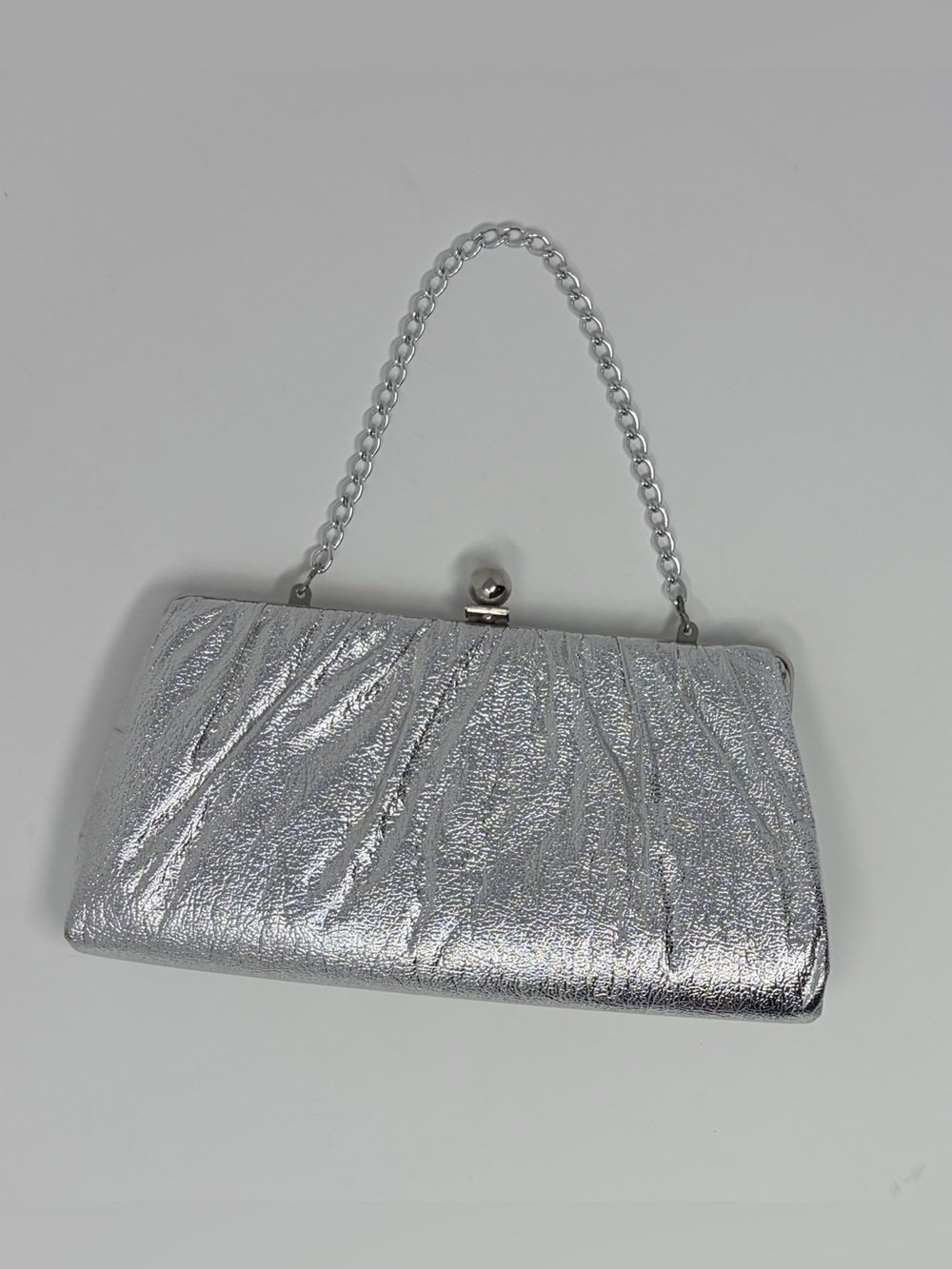 Vintage Silver Metallic Evening Clutch with Chain Strap